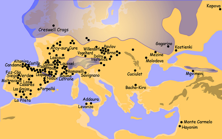 Mapa de distribución del arte rupestre del paleolítico superior europeo