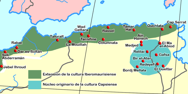 Extensión geográfica en un mapa del Iberomauritano en el norte africano