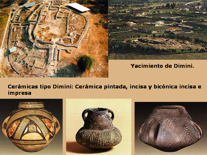 Imagen que muestra el yacimiento de Dimini y diversas piezas cerámicas, todo del neolítico final griego