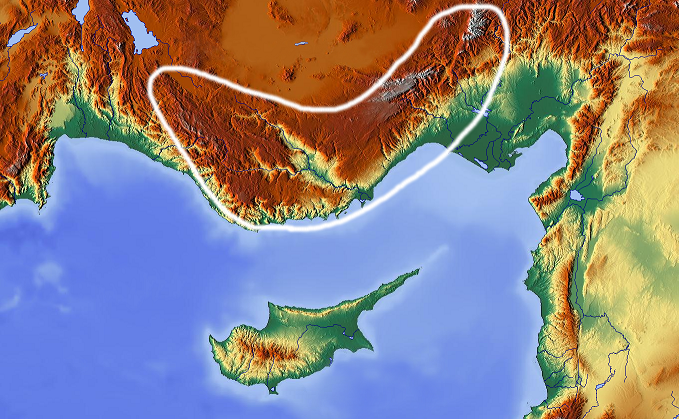 Localización de los montes Tauro en el sur de la península de Anatolia