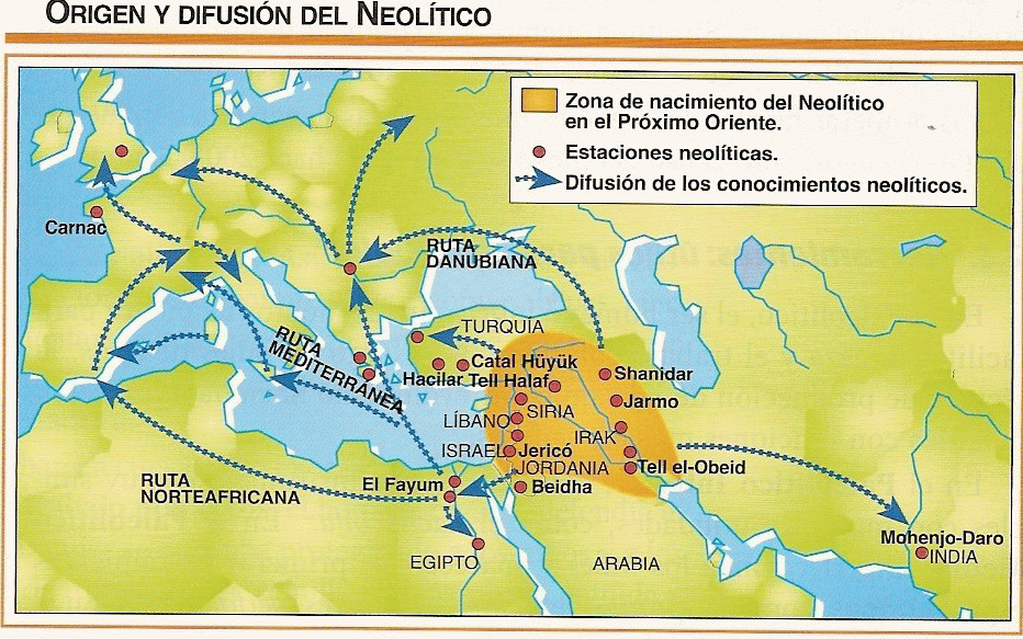 Mapa de difusión del neolítico desde Próximo Oriente