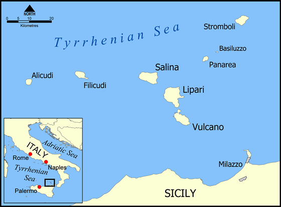 Mapa detallado que muestra la ubicación de la isla de Lipari