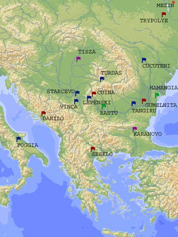 Mapa que muestra algunos de los yacimientos más importantes del sexto milenio antes de Cristo