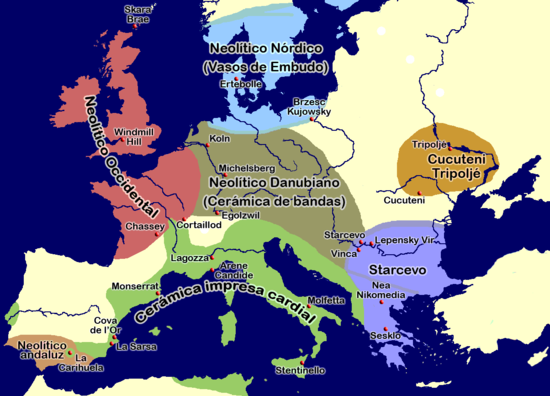 Mapa que muestra en verde la distribución de la cerámica mediterránea que da nombre al neolítico cardial