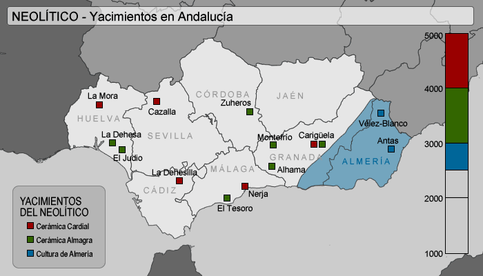 Algunos de los yacimientos más importantes del neolítico andaluz, destacando en azul los de Almería