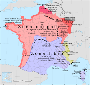 Mapa que muestra la división en Francia entre la ocupada y la resistencia