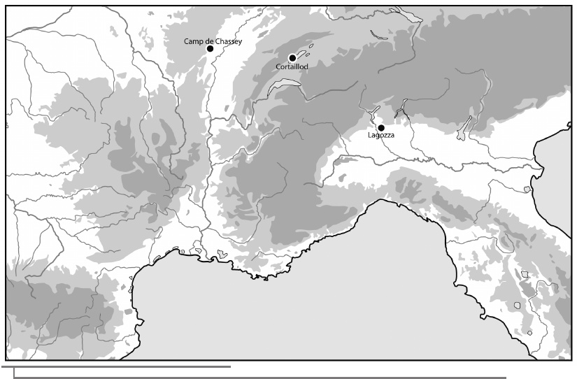 Ubicación en un mapa de los yacimientos de Chassey, Cortalloid y Lagozza
