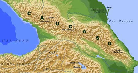 Ubicación en un mapa físico del Cáucaso, entre el Mar Negro y el Mar Caspio