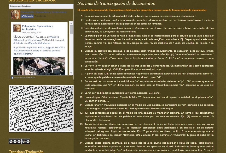 Captura de pantalla del blog en el que se observan algunas de las normas de transcripción paleográfica