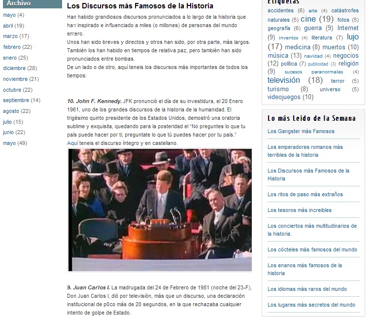 Captura de pantalla en la que se puede el artículo sobre los discursos más famosos de la Historia