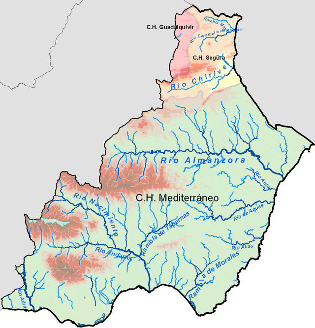Mapa de los ríos de la provincia de Almería, en el que se ven los ríos mencionados