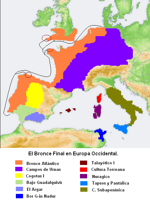 Mapa que muestra en diversos colores la extensión aproximada de los complejos culturales de la edad del Bronce final