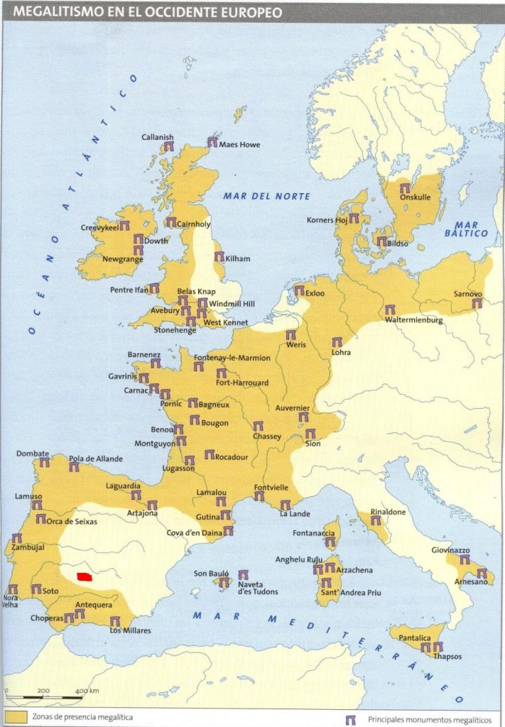 Mapa que muestra la extensión y principales yacimientos del megalitismo europeo
