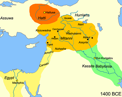 Mapa que muestra los cuatro grandes imperios de Próximo Oriente en el 1400 a.C.