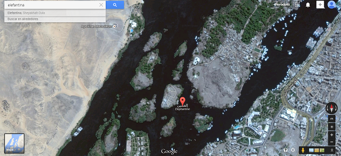 Captura de pantalla de la localización en Google Maps de la isla de Elefantina, en el río Nilo
