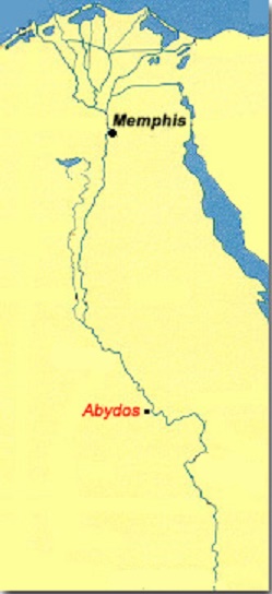 Localización en un mapa de las ciudades de Memphis y Abydos
