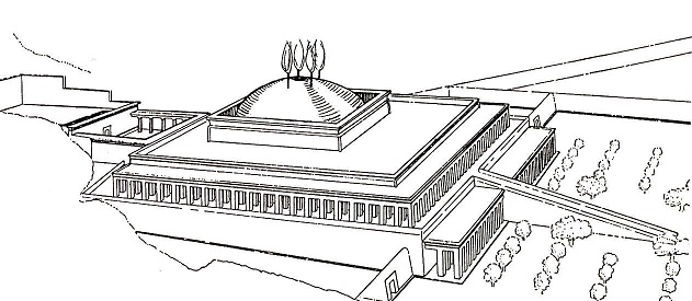 Reconstrucción de cómo debió ser el complejo funerario de Montuhotep II, con sus arbolitos y la gran rampa de acceso