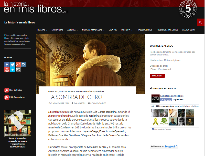 Captura de pantalla general de este magnifico blog de reseñas de novelas históricas