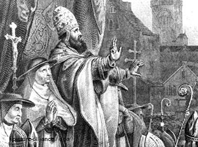 Imagen en la que se representa a Urbano II proclamando la Cruzada a Tierra Santa (1095)
