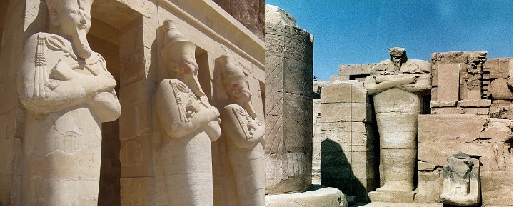 Imagen que compara las columnas osirianas del templo de Hatshepsut con las de Tutmosis I en Karnak