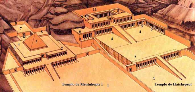 Imagen que muestra una reconstrucción de cómo debieron ser los templos de Deir el Bahari