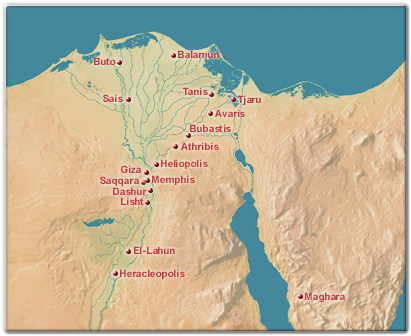 Mapa que muestra algunas de las principales ciudades egipcias en el Delta