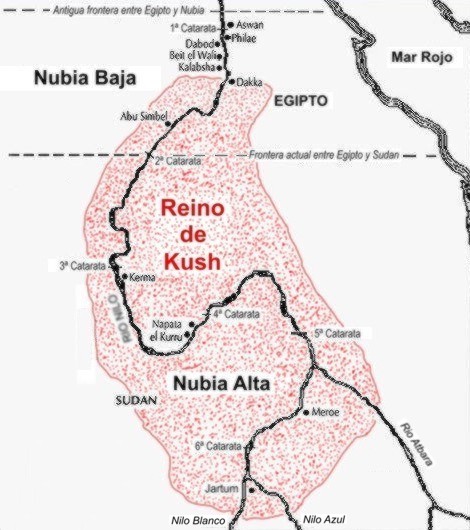 Mapa que muestra aproximadamente la ubicación del reino de Kush, una de las dos mitades de Nubia