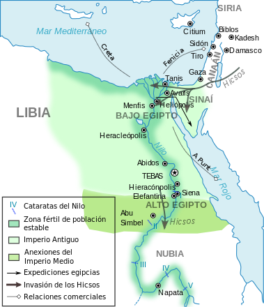 Mapa que muestra las zonas por las que llegaron los hicsos que invadieron Egipto