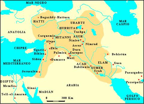 Mapa que muestra un mapa aproximado de Próximo Oriente en el Bronce Reciente