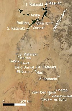 Mapa satélite en el que se puede ver los principales yacimientos en territorio nubio, y entre las cataratas del Nilo