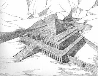 Reconstrucción de cómo habría sido el templo de Montuhotep II, construido siglos antes al de Hatshepsut
