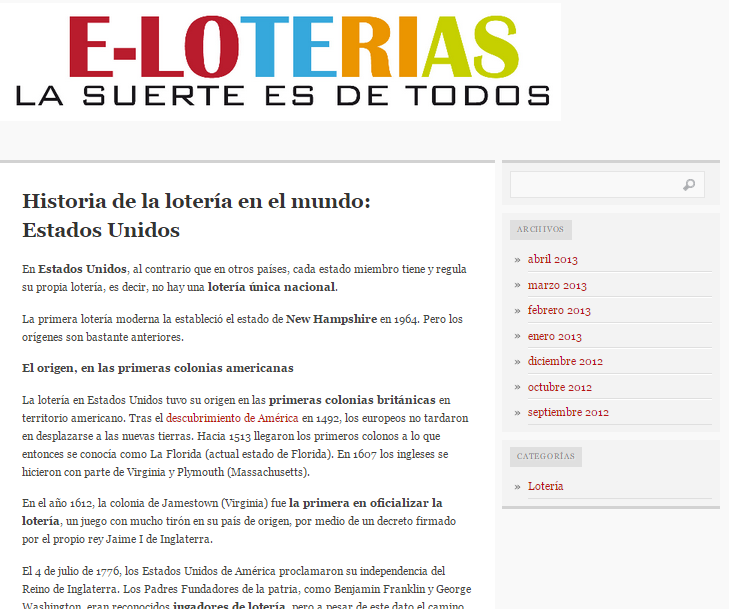 Captura de pantalla general de este blog de Historia y curiosidades de la Lotería