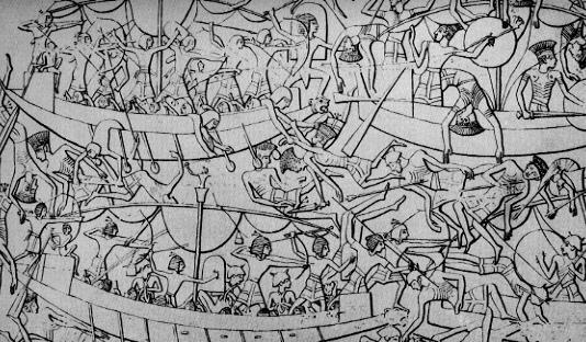 Imagen que muestra una batalla naval entre los egipcios y los pueblos del mar, consecuencia de la crisis del 1200 a.C.