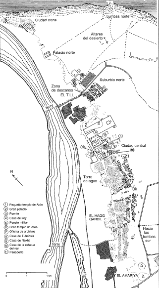 Plano completo del yacimiento de Amarna con las distintas partes que lo componen