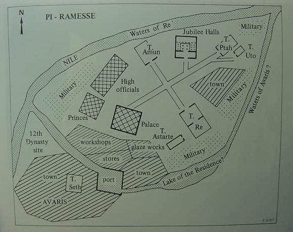 Plano que muestra en inglés las distintas partes de Pi-Ramsés, al lado de la ciudad de Avaris