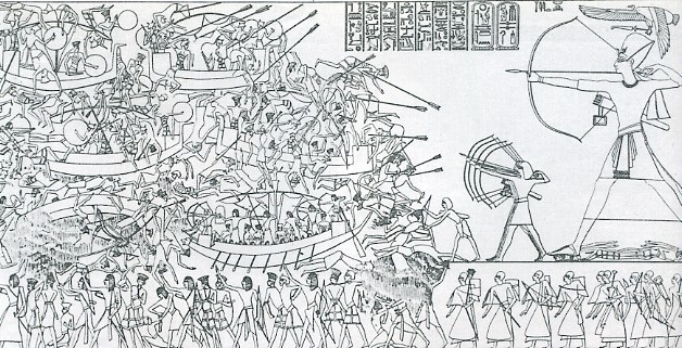 Representación de la Batalla del Delta, en el que se representa a Ramsés III venciendo a los pueblos del mar