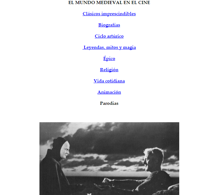 Captura de pantalla de las categorías de recomendaciones de cine histórico medieval que ofrece esta gran web