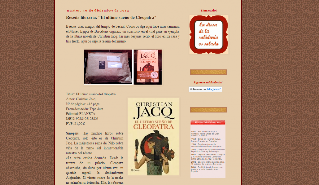 Captura de pantalla de una de las reseñas literarias de este gran y nuevo blog para egiptomaníacos