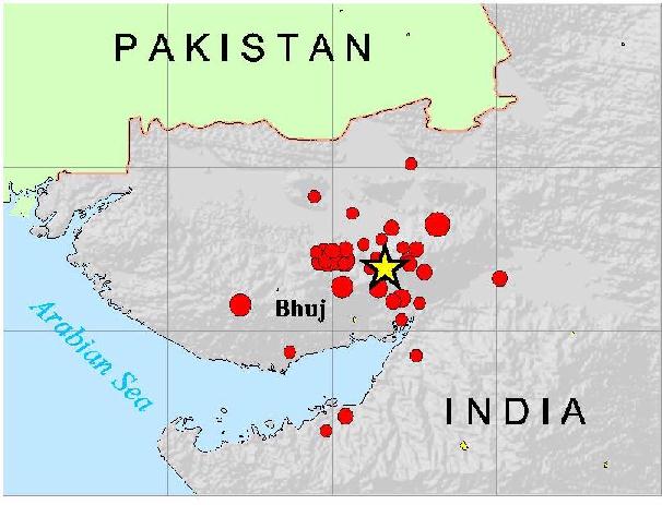 Mapa del noroeste de la India en el que se puede ver el epicentro del terremoto y sus réplicas