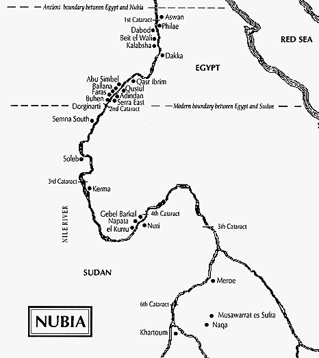 Mapa detallado en inglés de los centros de poblamiento de Nubia alrededor de las cataratas del Nilo