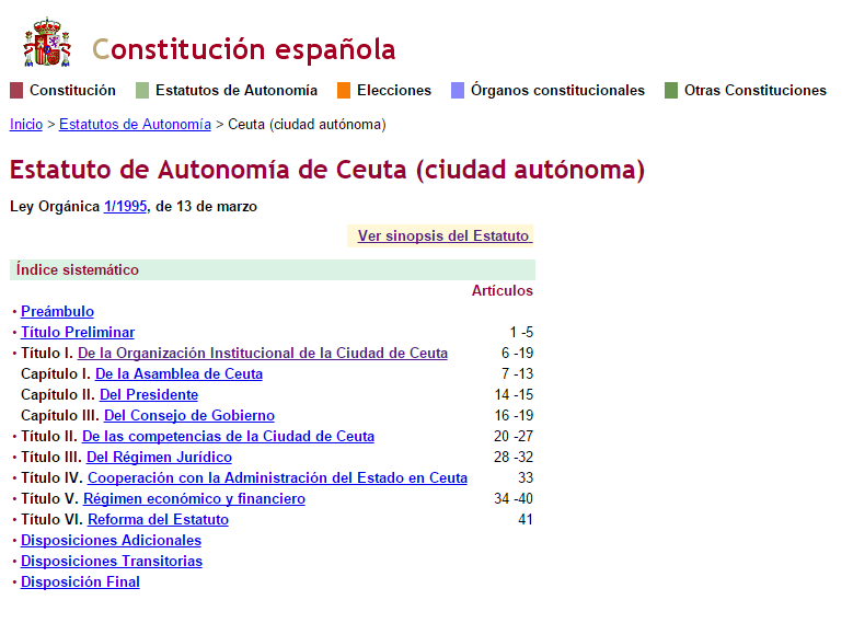Captura de pantalla que muestra la organización del Estatuto de Autonomía de Ceuta en su versión online