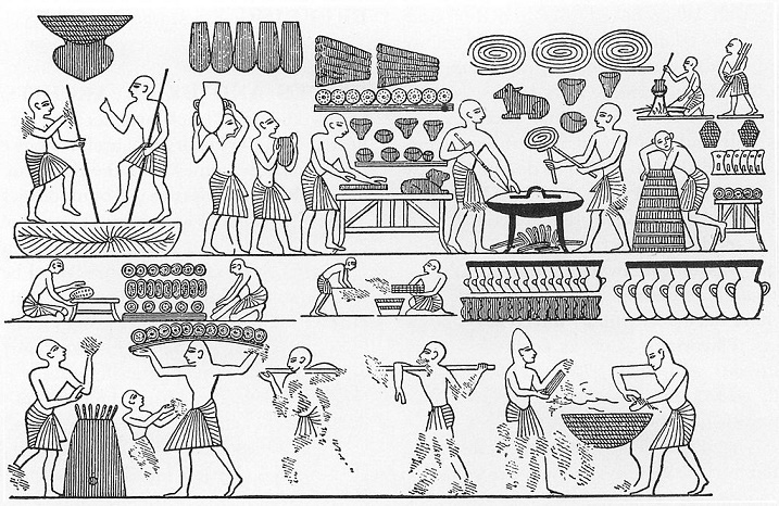 Dibujos de escenas de la tumba de Ramsés III en el que se ve la panadería real, clave en la alimentación en el antiguo Egipto