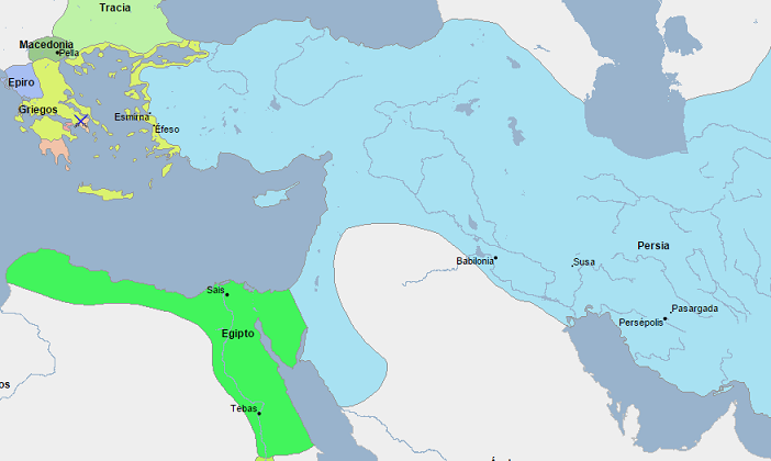 Mapa de Próximo Oriente, Egipto y Grecia en el 404 a.C., el año de la independencia egipcia