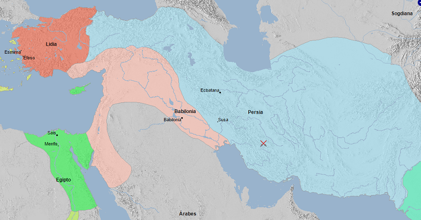 Mapa de Próximo Oriente en el que se ve la gran expansión persa y babilónica