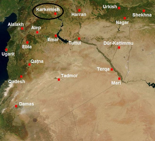 Mapa parcial de Oriente Próximo en el que se ve la ubicación de la ciudad de Karkemish