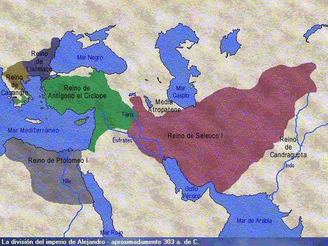 Mapa que muestra la división del imperio de Alejandro Magno a mediados de la Guerra de los Diádocos