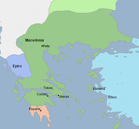 Mapa que muestra la extensión de Macedonia en el 336 a.C., año de la muerte de Filipo II
