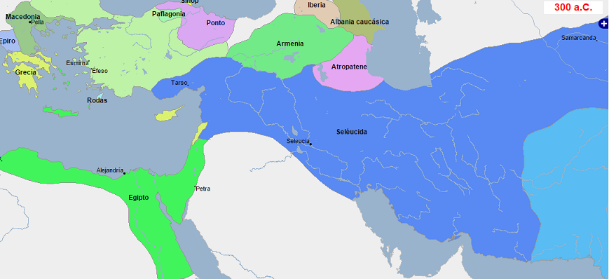 Mapa que muestra la fragmentación del imperio de Alejandro Magno a finales del siglo IV a.C.
