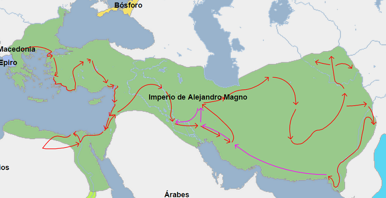 Mapa de la extensión del imperio de Alejandro Magno en el 323 a.C., año de su muerte.