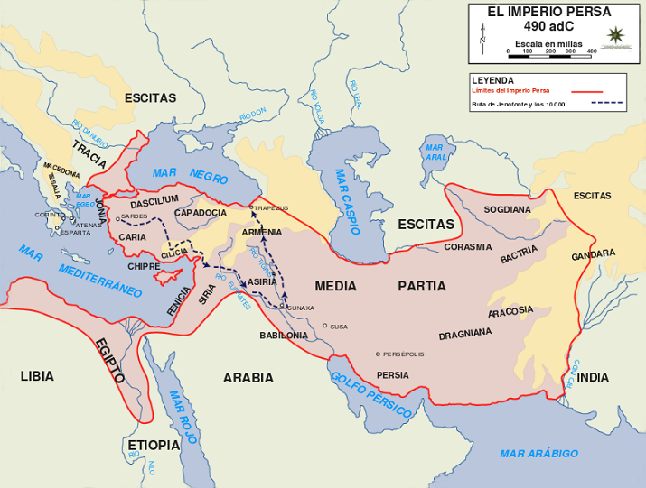 Mapa que muestra la inmensidad del Imperio Persa a finales del reinado de Dario I